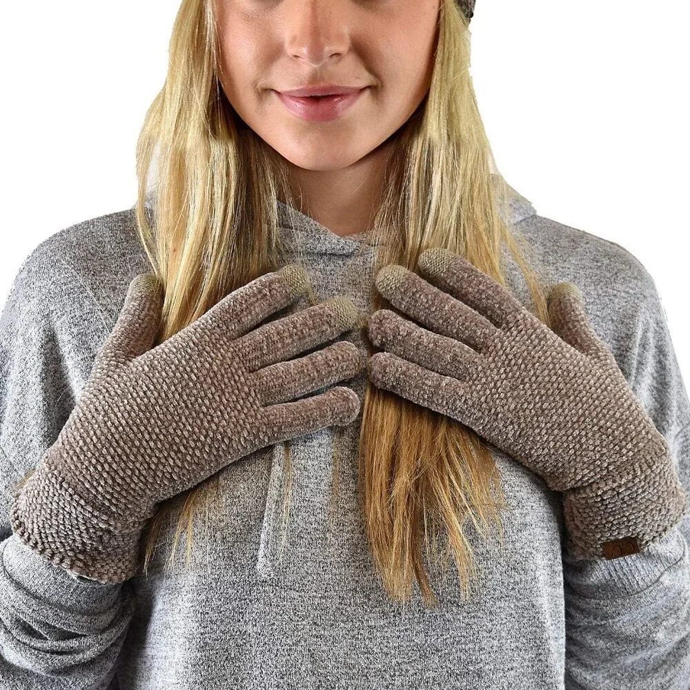 Women's Taupe Winter Warm Eco-friendly Knit Chenille Touchscreen Texting Gloves